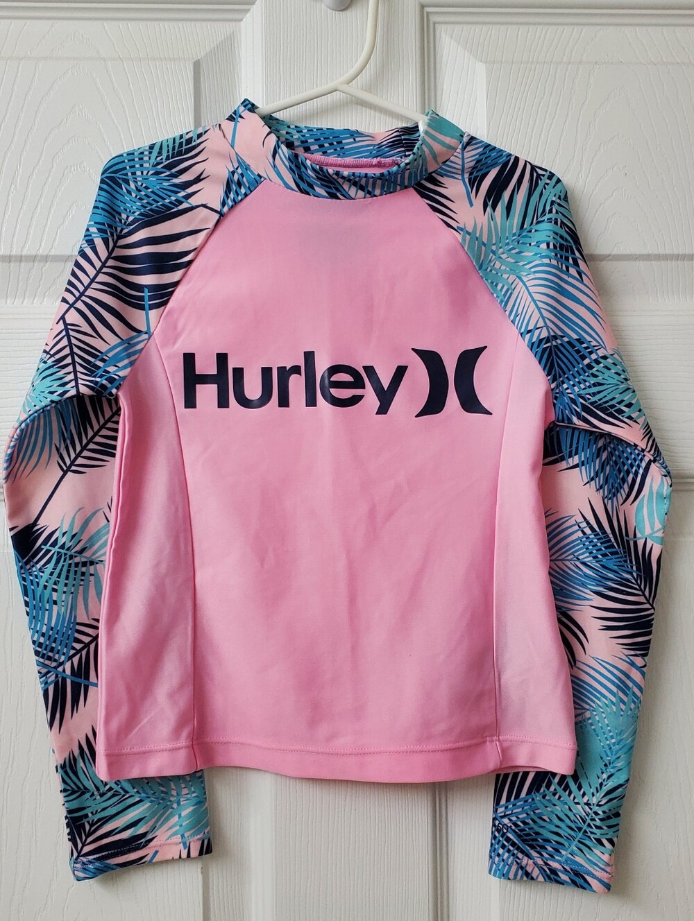 Hurley Girl's Pink Rash Guard with Blue Tropical Long Sleeves Sz S